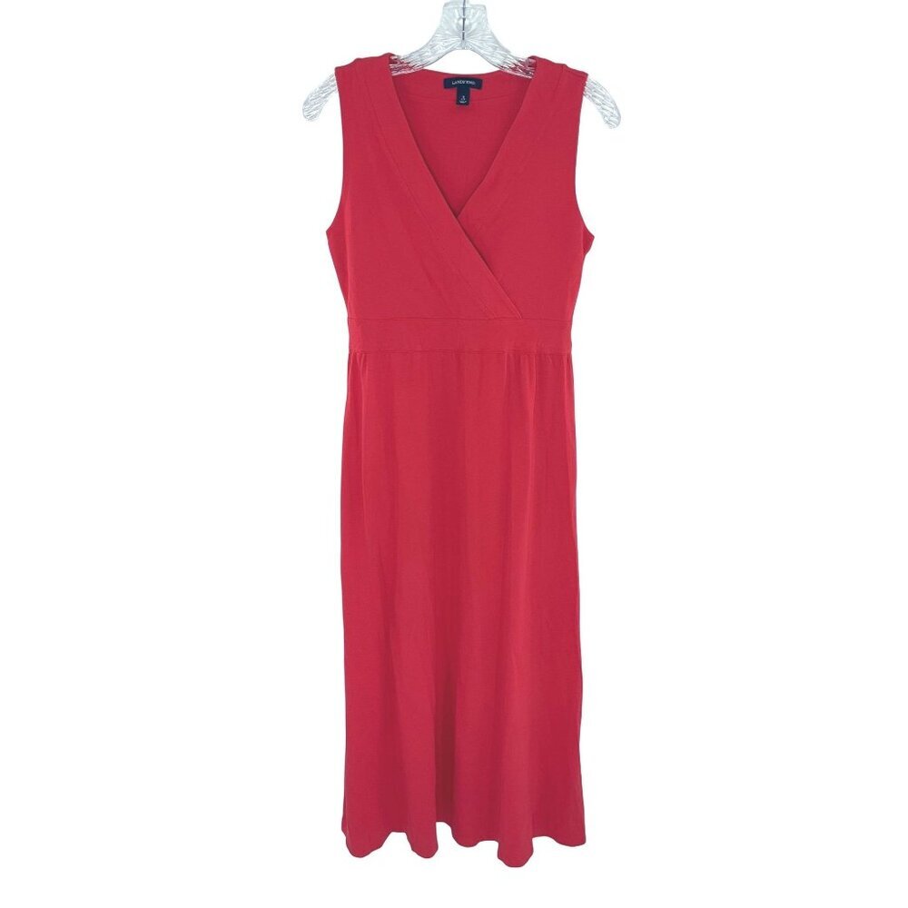 Lands' End Dress Women S Red Sleeveless Slit Hem Cotton V Neckline Maxi